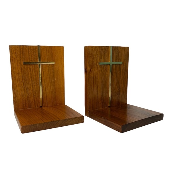 Mid-Century Modern Pair of Wooden Bookends with Gold Plated Religious Cross - Picture 2 of 13